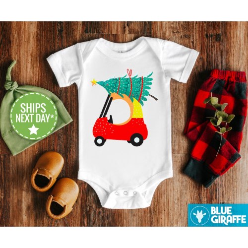 Red Car Christmas Onesie®, Cute Christmas Baby Bodysuit, Christmas Tree Onesie®