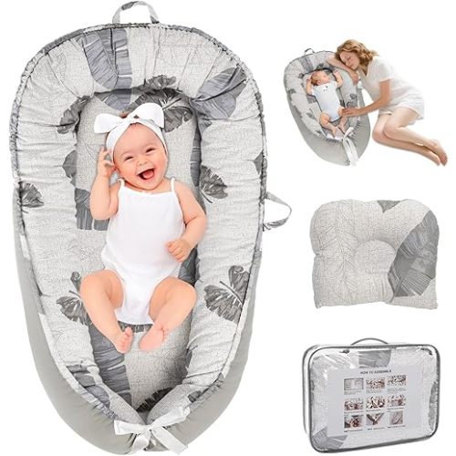 Baby Lounger Cover Pillow for Newborn 0-24 Months, Portable Infant Lounge Nest in Bed for Boy Girl, Grey Foldable Organic Babies Co Sleeping Pillows for New Born Travel Essential