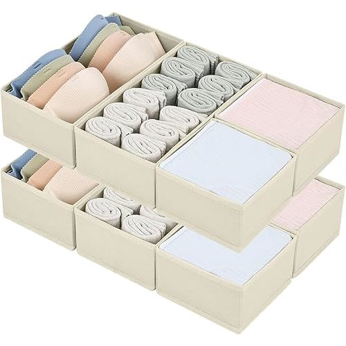 DIMJ 8 PCS Drawer Organizer Sock Organizer Underwear Drawer Organizer Divider Wardrobe Clothes Organizer Collapsible Closet Organizers Storage Box for Sock, Ties, Panties(Beige)
