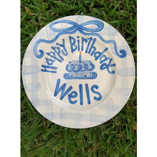 Boys preppy birthday plate / blue gingham and ribbon / first birthday / blue and white // smash cake // 1st birthday // grand millennial bow
