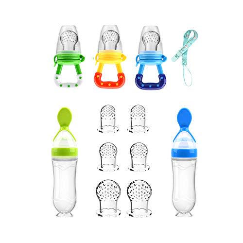 Food Feeder Baby Fruit Pacifier (3 Pcs) with 6 Different Sized Silicone Pacifiers 2 PCS Dispensing Spoon 90ML Spoons Clip Infant Teething Toy -Blue