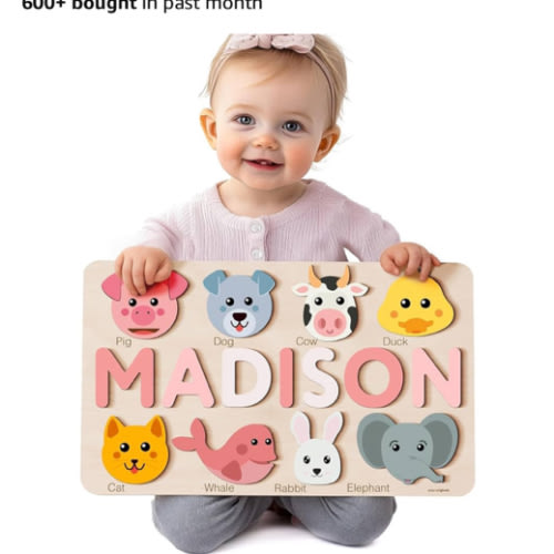 Personalize Name Puzzle for Toddlers with Animals, Baby Gift for Girls and Boys 0 1 2 3 Year Old, Personalized Puzzle for Kids, 1 Year Old Girl and Boy Kid Gifts, Customized Baby Gift, Montessori Educational Name Toy, Wood Puzzle 1-3