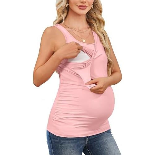 OUGES 2025 Womens Maternity Nursing Tank Tops Summer Scoop Neck Ruched Side Sleeveless Maternity Shirts Pregnancy Clothes
