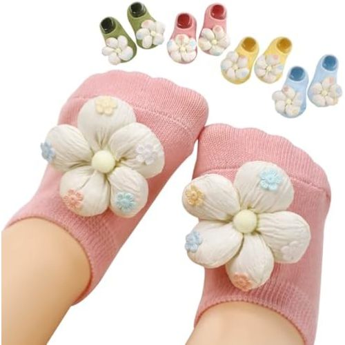 4Packs Baby Girls Socks,Flower Non-Slip Grips for Babies Toddler Princess Low Cut Ankle Socks for Girls