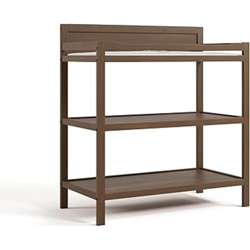 Storkcraft Alpine Changing Table (Hazelnut) - Includes Water Resistant Changing Pad with Safety Strap, 2 Open Shelves for Storage