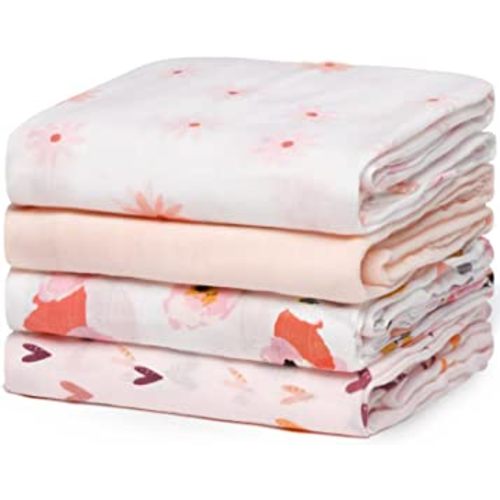Momcozy Muslin Swaddle Blanket for Baby Girls, Soft and Skin-Friendly Bamboo, Large 47 X 47 inches Receiving Blankets Girls and Boys, Unisex 4 Pack