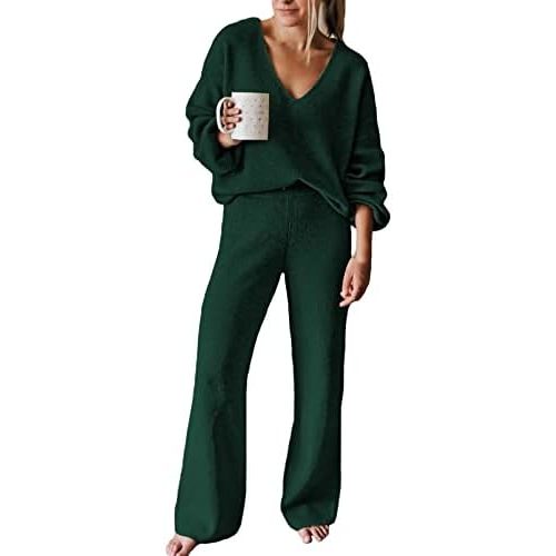 Viottiset Women's 2 Piece Outfits Casual V Neck Knit Wide Leg Sweater Lounge Set Sweatsuit