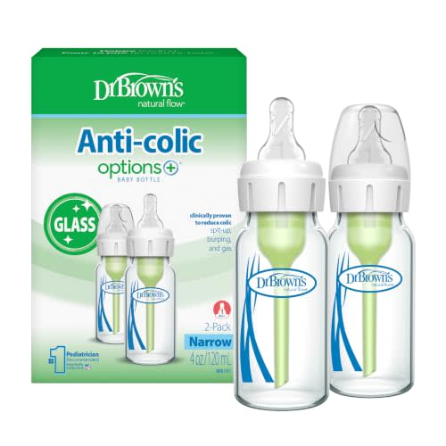 Dr. Brown's Anti-Colic Options+ Narrow Glass Baby Bottle with Level 1 Slow Flow Nipple, BPA-Free, 4 oz/120mL, 0m+, 2-Pack (Packaging May Vary)