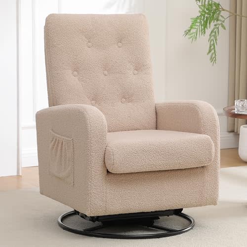 Swivel Glider Rocking Chair for Nursery Modern Accent Rocking Chairs Adults with Storage Pocket for Living Room Bedroom Comfy Nursery Gliders Rocker Chair (New Beige)