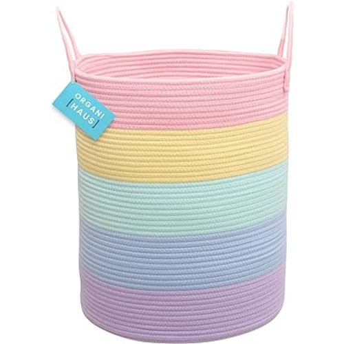OrganiHaus Cotton Rope Basket for Rainbow Classroom Decor 15x18 | Toy Basket for Pastel Room Decor | Playroom Organization and Storage | Toy Bins & Book Basket | Tall Blanket Basket for Living Room