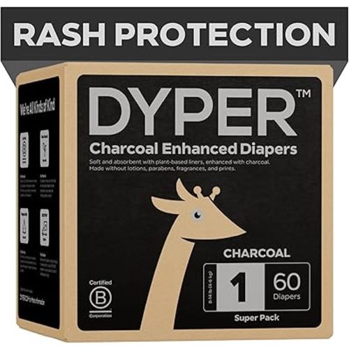 DYPER Charcoal Enhanced Diapers | Baby Diapers from Plant-Based* & Honest Materials | Day & Overnight Diapers | Disposable Diapers for Sensitive Skin (Size 1, 60, Count)
