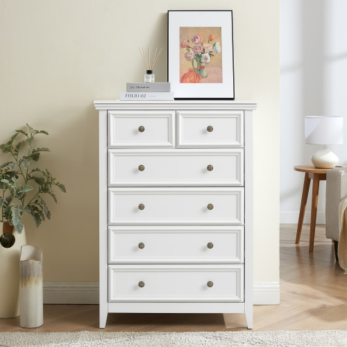 HIUU 6 Drawer Modern Dresser for Bedroom,White Wooden Chest of Drawers with Metal Handle for Closet Storage for Bedroom,Hallway