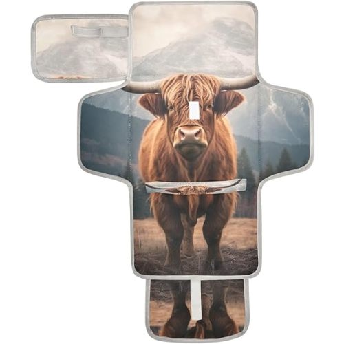 Highland Cow Portable Diaper Changing Pad - Waterproof Foldable Baby Diaper Changing Pad with Built-in Pillow, Travel Diaper Changing Mat for Newborn Baby