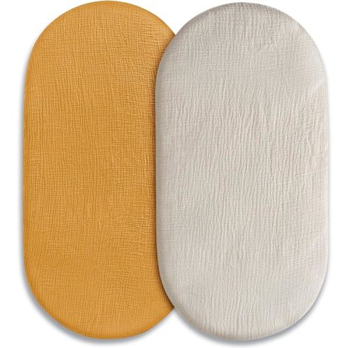 Muslin Bassinet Fitted Sheets 2 Pack, Soft Breathable Cotton Baby Bassinet Mattress Sheet Set, 360° Elastic Snug Fit, Universal for Oval, Rectangle (Elegant Colors, Bassinet Sheets 2 Pack)