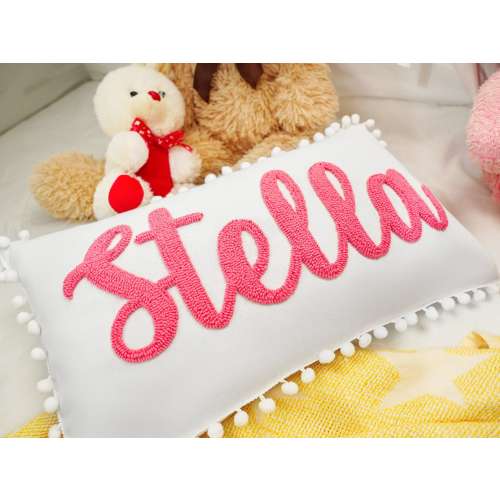 (White & Sparkle Blue) Personalized Name Punch Needle Pillow, Baby Shower Gift, Toddler Birthday Gift, Nursery Decor,Custom Baby Gift, Christmas Gift, Pom Pom Trip