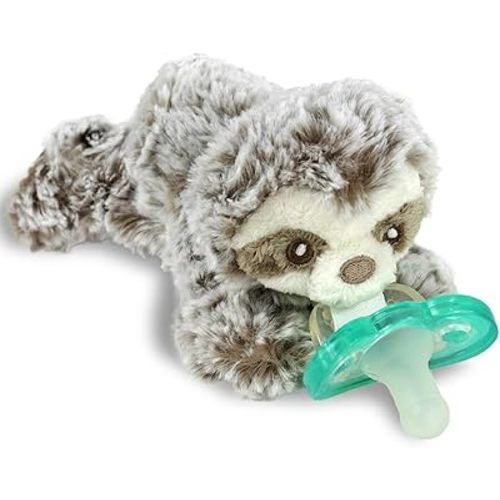 RaZbaby Sloth RaZbuddy Stuffed Animal Pacifier Holder for Newborns & Up, Made in The USA, Detachable Orthodontic JollyPop Pacifier, Medical-Grade 100% BPA-Free Silicone, -0 Months+