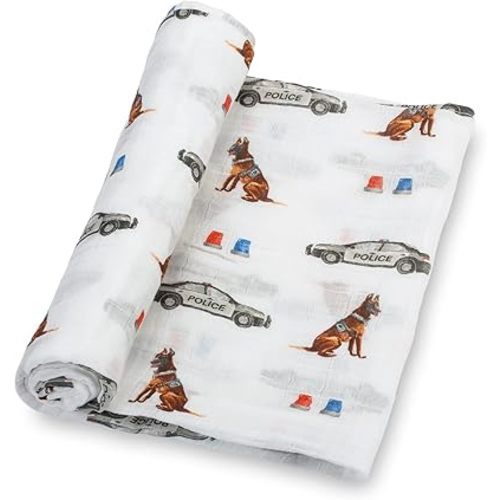 LollyBanks Muslin Swaddle Blanket, 100% Muslin Cotton Swaddle Blankets for Baby Boys, 47 X 47 Inches Soft and Cozy Swaddle for Newborn Baby, Baby Essential, Registry (Police Dog German Shepherd Print)