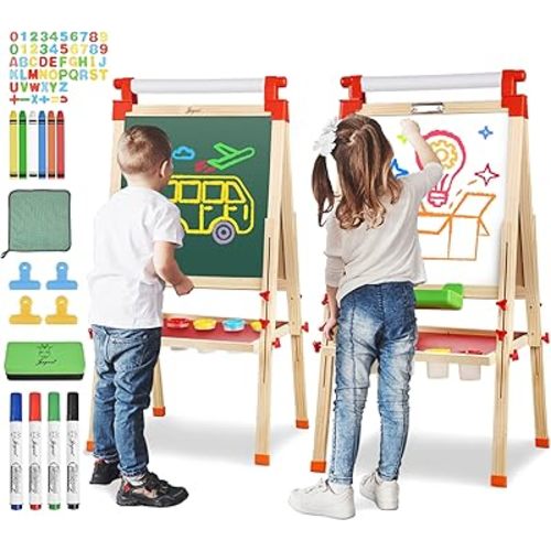 JOYOOSS Kids Wooden Easel with Paper Roll - Adjustable Magnetic Double Sided Drawing Board Whiteboard & Chalkboard Dry Easel Board, Children Art Easel for 3~12 Years Kids Boys Girls Painting Drawing