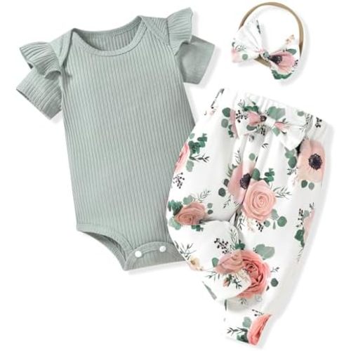 Aalizzwell Baby Girls Ribbed Bodysuit Pants Outfits Spring Summer Clothes