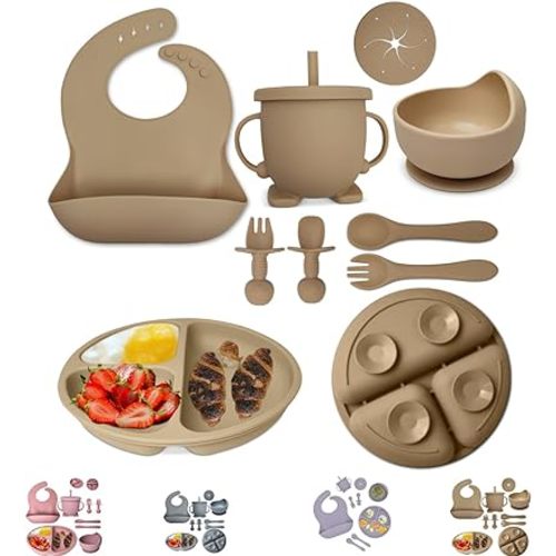 Baby Feeding Set 10-Piece | Baby Led Weaning Utensils Set Includes Suction Bowl and Plate, Baby Spoon and Fork, Sippy Cup, Straw, Lid & 2Bibs | Baby Feeding Supplies Set (B-Beige)