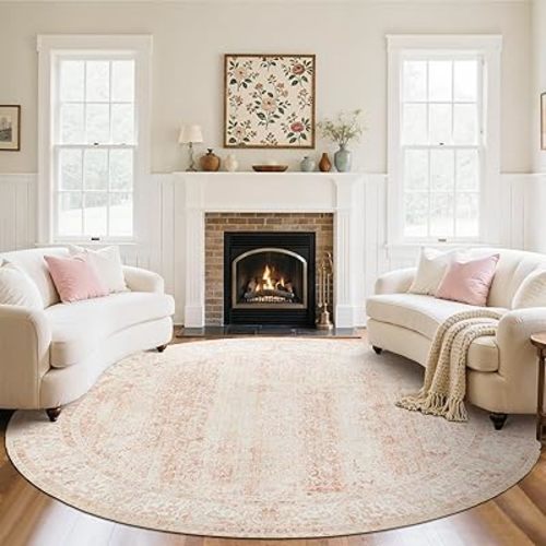 7x7 Area Rug Round Soft Floral Print Blush Pink Rugs for Bedroom Aesthetic