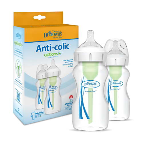 Dr. Brown's Anti-Colic Options + Wide-Neck Baby Bottle, 9 oz/270 ml, Level 1 Slow Flow, 0m +, 2-Pack