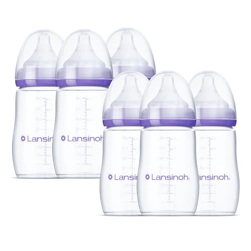 Lansinoh Anti-Colic Baby Bottles for Breastfeeding Babies, 8 Ounces, 6 Count, Includes 6 Medium Flow Nipples, Size M