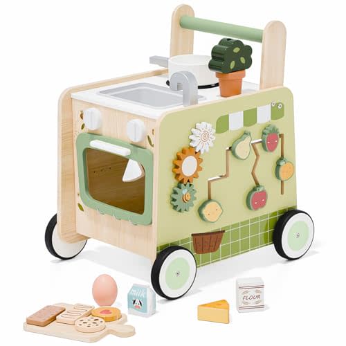 Baby Push Walker -Wooden Push Walker Montessori Toy- Toddler Learning Activity Walker for Girls Boys 1-3 Years - Pretend Kitchen Playset Ideal for Toddlers（Green ）