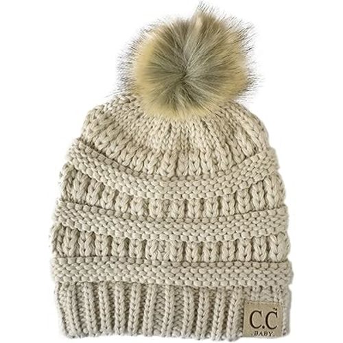 C.C Kids' Babies' Soft Stretch Cable Knit Faux Fur Pom Pom Beanie Hat