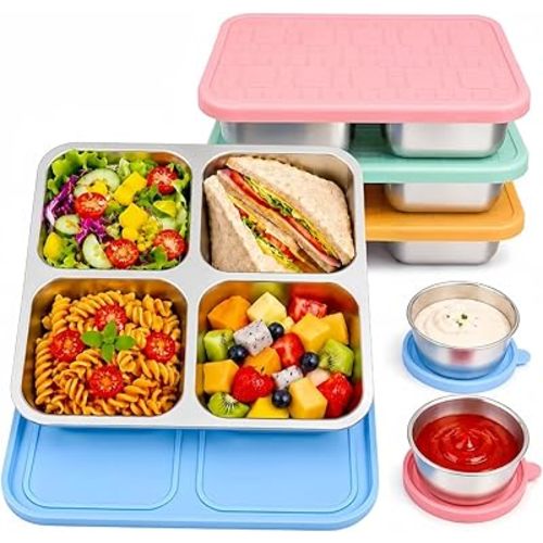 Snack Containers With Lids,4 Compartment Snack Containers,Reusable Stainless Steel Lunch Container,Comes with a Leak-Proof Silicone Lid ,for Travel,Camping,Work (Blue,Pink, Apricot,Light green)