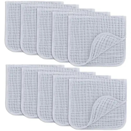Comfy Cubs Muslin Burp Cloths 20" x 10", Pack of 10 - Large, 6-Layer, Ultra Absorbent 100% Cotton for Baby Drool and Messes - Soft, Safe & Gentle Baby Burp Cloths for Boys & Girls - Slate