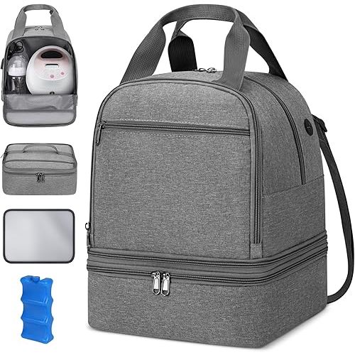 Breast Pump Bag, Double Layer Removable Pump Bag with Ice Pack, Breast Milk Cooler Bags for Working Mom, Breast Pump Storage Bags Pumping Bag Compatible with Medela & Spectra S1 S2, Grey