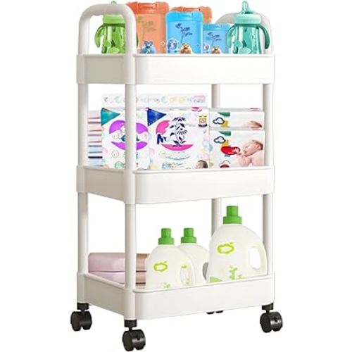 Baby Diaper Cart with Wheels and Handle 3 Tier Rolling Cart Diaper Organizer, Nursery Caddy Baby Organizer for Storage Baby Clothes, Wipes, Bibs, Changing Table Mats, White