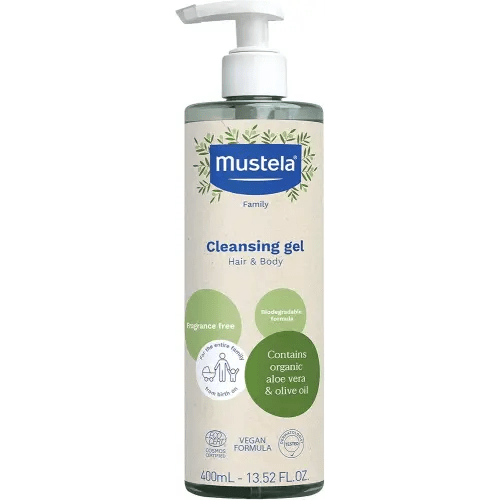 Mustela Certified Organic Cleansing Gel - Natural Hair & Body Wash with Olive Oil & Aloe Vera - For Baby, Kid & Adult - Fragrance Free, Tear Free, Vegan & Biodegradable - 13.52 fl. oz.
