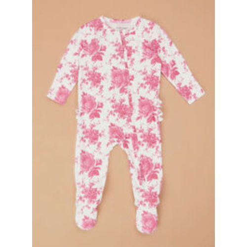 Vintage Roses Ruffle Footie in White & Pink | Tullabee
