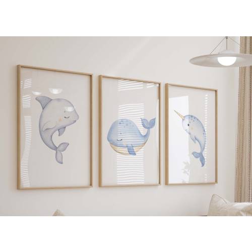 Under The Sea Watercolor Prints, Set of 3 Nursery Wall Art, Boy Room Decor, Whale, Narwhal, Dolphin, Set of 3 Art Prints,Shipped,263