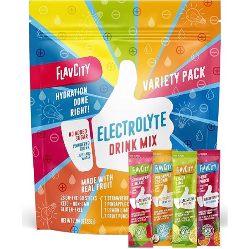 FlavCity Electrolytes Powder Packets - 28 Hydration Packets, Variety Pack - No Added Sugar - Hydration Powder with Real Fruit & Unrefined Sea Salt - Keto & Gluten-Free (28 Stick Packs)