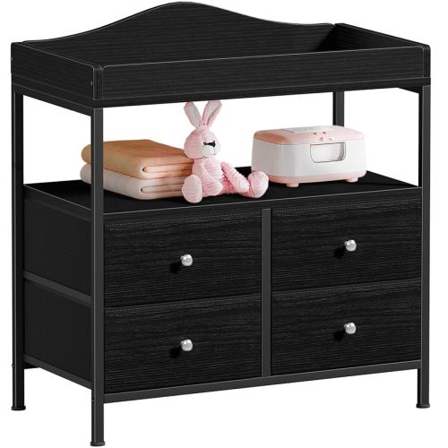BOLUO Black Changing Table Dresser with 4 Fabric Drawers and Open Shelf, Baby Dresser with Changing Table Top Diaper Changing Station with Storage for Nursery Modern