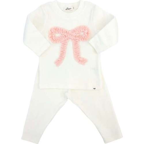 Ruffle Bow Terry Applique Two Piece Set, Cream