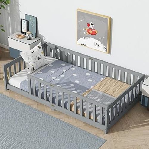 Twin Floor Bed with Safety Guardrails for Kids, Rubber Wood Montessori Bed with Slats, Twin Size Bed Frame for Girls and Boys,No Box Spring Needed,Grey