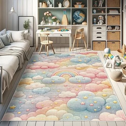 Ambesonne Cartoon Sky Decorative Rug, Dreamy Colors Celestial Atmosphere with Starry Kawaii Clouds Rainbow, Quality Carpet for Bedroom Dorm and Living Room, 5' 1" X 7' 5", Blush Mustard Blue