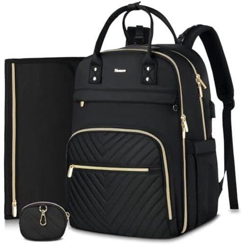 MOMUVO Diaper Bag Backpack, Quilted Baby Bag with Changing Pad and Stroller Straps, Dark Black