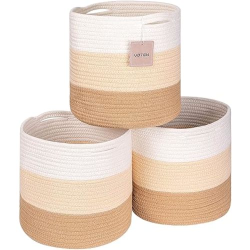 voten Round Storage Cubes Baskets Bins Organizer 11x11x11'' Fit 12x12'' Cube Storage, Durable Woven Cotton Rope, 3-Tone Honey, 3-Pack, Collapsible