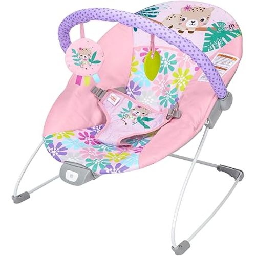 Bright Starts Pink Vibrating Baby Bouncer, Removable Toy Bar with 2 Toys, Nonslip Feet, 0-6 Months Up to 20 lbs (Wildflower Wonders)
