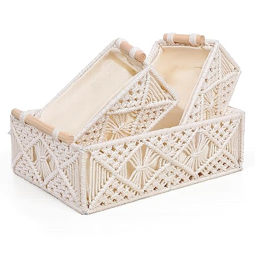ANMINY 3PCS Macrame Storage Baskets for Organizing Boho Decor Baskets Storage Bins with Wood Handles Handmade Decorative Storage Boxes with Removable Liner Toilet Tank Bathroom Self Basket Organizer
