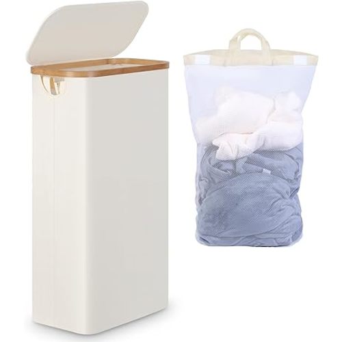 Slim Laundry Basket with Lid, Narrow Laundry Hamper with Removable Bag, Skinny Dirty Clothes Basket with Bamboo Handles for Bathroom, Bedroom & Laundry Room, 63L Beige