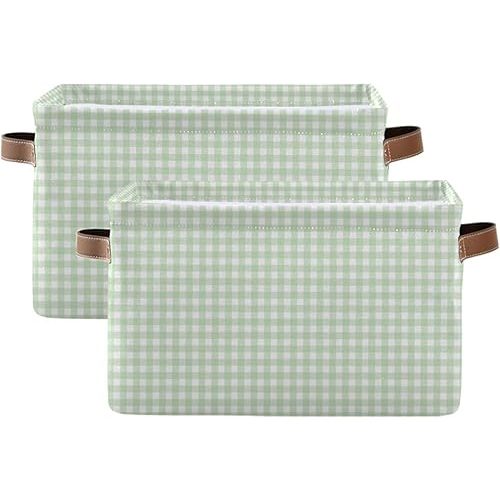 Storage Bin 2PCS Green Gingham Checkered Fabric Storage Baskets for Organizing Closet Shelf Nursery Toy Clothes Organizer with Handles