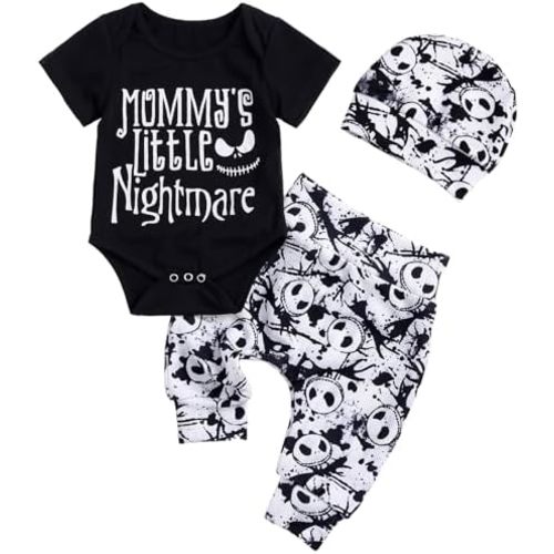Night Christmas Baby Mommy's Little Nightmare Letter Print Bodysuit Pants and Hat Outfit Set Newborn to Infant