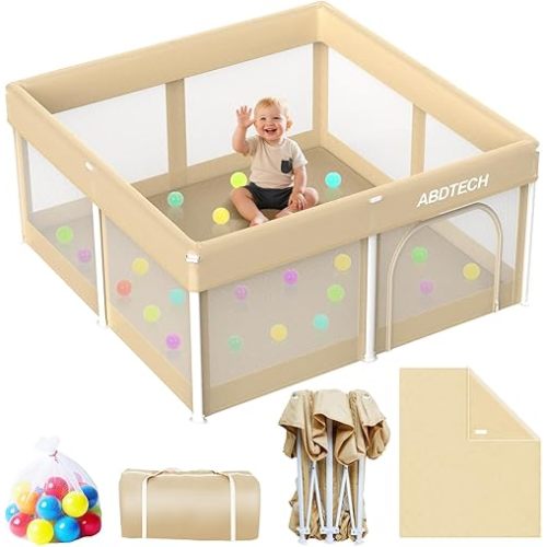 Foldable Playpen for Babies and Toddlers：Quick Setup 50x50in playpen with Mat - Collapsible Play Pen for Babies with Storage Bag for Indoor & Outdoor - Baby Fence Play Area with 30 Ocean Ball, Khaki