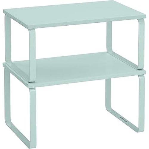 SONGMICS Cabinet Organizer Shelf, Set of 2 Kitchen Counter Shelves, Kitchen Storage, Spice Rack, Stackable, Expandable, Metal and Engineered Wood, Moonlight Green UKCS002C01